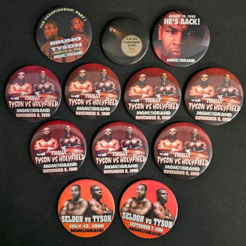 Rare 90s MGM Grand Boxing Event Pinback Buttons &ndash; Tyson vs Holyfield, Seldon, Bruno (Lot of 11)