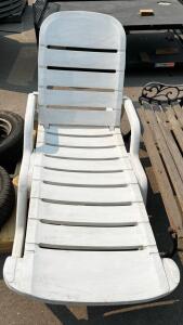 White Plastic Outdoor Chaise Lounge Chair, Adjustable Backrest, 72"x27", w/Armrests