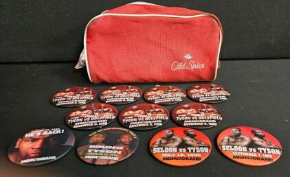 Vintage 1990s MGM Grand Boxing Event Pinback Buttons Featuring Tyson, Holyfield, and More; Vintage Old Spice Cosmetic Bag