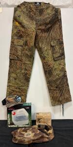 Outdoor Camo Gear Set: Mossy Oak Pants 32-34, Cooling Hat, Fieldline Pack, 5 Gal Carrier, Lantern