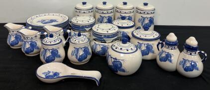 Vintage Hand-Painted Blue Fruit Ceramic Canister & Plate Set, 23 Pieces, Matching Dinnerware