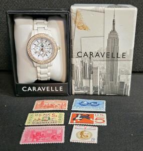 Caravelle Women&rsquo;s White Enamel Quartz Watch, Crystal Bezel, Boxed, Analog Sub-dials, Collectible Stamps
