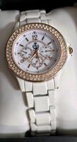 Caravelle Women&rsquo;s White Enamel Quartz Watch, Crystal Bezel, Boxed, Analog Sub-dials, Collectible Stamps - 2