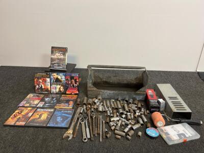 Large Mixed Lot: Hand Tools, Sockets, Ratchets, DVDs, VHS, Accessories & Metal Tool Tote