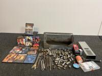 Large Mixed Lot: Hand Tools, Sockets, Ratchets, DVDs, VHS, Accessories & Metal Tool Tote