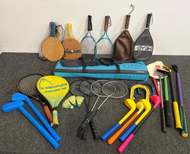 Mixed Lot: Wilson & HEAD Tennis Racquets, Smashball, Badminton, Kids Golf, Accessories, 27+ Pieces