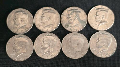 Kennedy Half Dollar Coins Lot (1972&ndash;1995), 8 Pieces, Circulated, Copper-Nickel, U.S. Mint