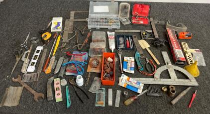 Large Assortment Hand & Measuring Tools, Knives, Multimeter, Fasteners, GE Switches, Miracle Knife