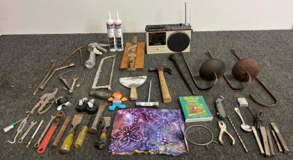 Vintage GE 3-5286B Radio, Assorted Hand Tools Lot, Fireplace Hooks, Chisels, Book, Adhesive