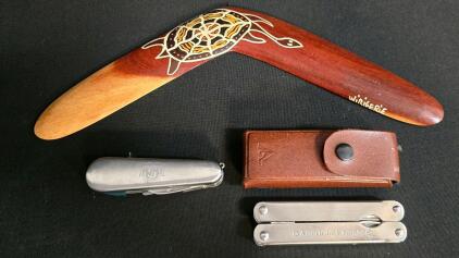 Decorative Wirrigeri Aboriginal Art Boomerang & American Camper Multi-tool with Leather Sheath