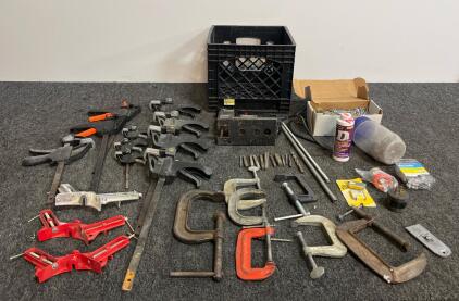 Large Lot: Craftsman Jigsaw 315.17260, 16+ Assorted Clamps, Hardware, Bits, Fasteners, Crate