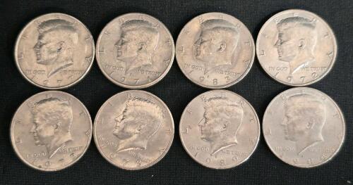 Set of 8 Kennedy Half Dollars: 1971, 1972, 1973, 1977, 1983, 1989, Copper-Nickel Clad