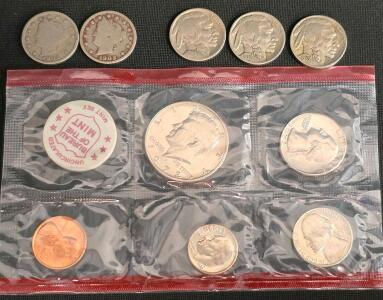 Vintage U.S. Coin Lot: Buffalo Nickels (1935-D), Liberty Head Nickels (1902, 1904), 1972 Mint Set