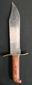 Large Bowie Knife, Clip Point, Full Tang, Brass Guard, Wood Handle, ~8-10" Blade