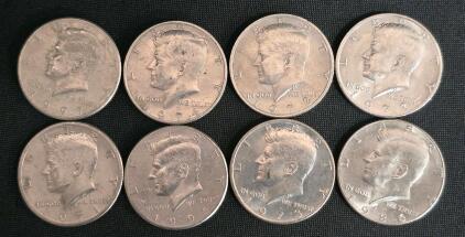 8 Kennedy Half Dollar Coins, 1971&ndash;1995, U.S. Clad, JFK Obverse, Presidential Seal Reverse