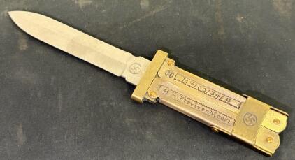 RZM SS Streifendienst Brass Switchblade Knife, M7/66/34/SS Marked, German WWII Style (German Replica Knife)