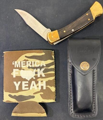 Buck 110 Folding Hunter Knife, 3.75" Blade, Ebony Handle, Brass, Leather Sheath, Used