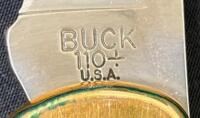 Buck 110 Folding Hunter Knife, 3.75" Blade, Ebony Handle, Brass, Leather Sheath, Used - 4