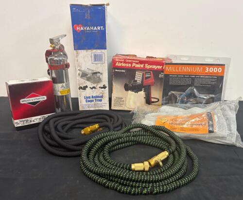 Mixed Hardware & Workshop Lot &ndash; Expandable Garden Hoses, Fire Extinguisher, Havahart Trap, Paint Sprayer, Respirator & More