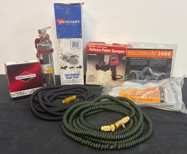 Mixed Hardware & Workshop Lot &ndash; Expandable Garden Hoses, Fire Extinguisher, Havahart Trap, Paint Sprayer, Respirator & More