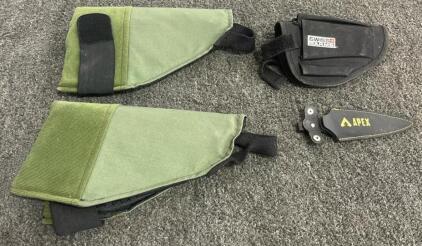 4 Mixed Knife Holsters & Sheaths: Swiss Arms Universal Nylon, Apex Leather, Green Canvas Pair