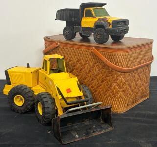 Tonka Mighty Front Loader & Dump Truck, Vintage Picnic Basket, 1970s-90s Large Toys Lot