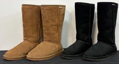 Bearpaw Emma Tall Sheepskin Suede Winter Boots, Size 8, Wool Blend Lining, Black & Tan