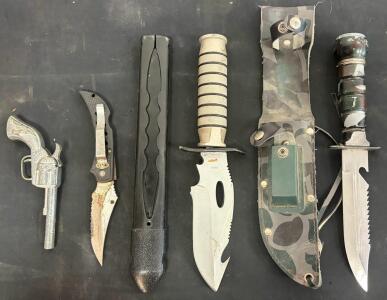 Assorted Lot: Survival Combat Knives, Folding Knife, Throwing Knife Set, Smoky Toy Cap Gun Revolver