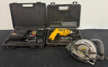 DeWalt DW106 Drill, SkilSaw 7-1/4" Circular Saw, Craftsman Electric Stapler/Nailer Set, Cases