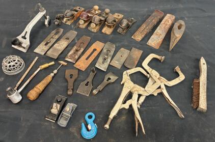 Mixed Lot of 6 Block Planes, 11 Plane Irons, 3 Welding C-Clamps, Crosby Hook & Tools