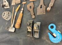 Mixed Lot of 6 Block Planes, 11 Plane Irons, 3 Welding C-Clamps, Crosby Hook & Tools - 6