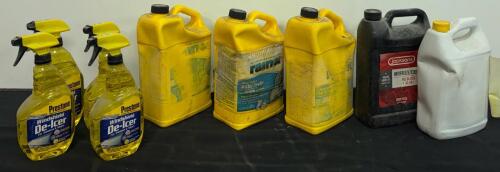 Rain-X Water Sealer 1.25 Gal x3, Prestone De-Icer 32oz x4, Antifreeze Coolant Gallons x2 (Partial & Full Bottles)