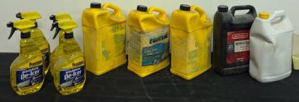 Rain-X Water Sealer 1.25 Gal x3, Prestone De-Icer 32oz x4, Antifreeze Coolant Gallons x2 (Partial & Full Bottles)