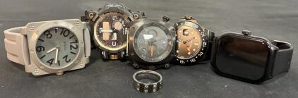 Lot of 5 Watches and Fashion Ring: Bell & Ross BR 02-94, Breda 8146, SMAEL, Smartwatch, Rolex Explorer II Style, 316L SS Ring