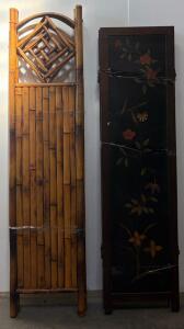 Hand-Painted Floral and Bamboo Folding Room Divider Panels, 6ft Tall, Hinged, Wood & Bamboo
