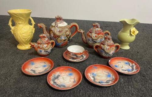 Japanese Dragonware Tea Set with Moriage Dragons and Satsuma-Style Figures valued at $150, green brolin califonia vase valued at $40, and a Macoy yellow birds of paradise vase valued at $75
