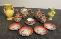 Japanese Dragonware Tea Set with Moriage Dragons and Satsuma-Style Figures valued at $150, green brolin califonia vase valued at $40, and a Macoy yellow birds of paradise vase valued at $75