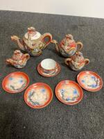 Japanese Dragonware Tea Set with Moriage Dragons and Satsuma-Style Figures valued at $150, green brolin califonia vase valued at $40, and a Macoy yellow birds of paradise vase valued at $75 - 7