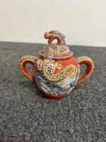 Japanese Dragonware Tea Set with Moriage Dragons and Satsuma-Style Figures valued at $150, green brolin califonia vase valued at $40, and a Macoy yellow birds of paradise vase valued at $75 - 8
