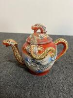 Japanese Dragonware Tea Set with Moriage Dragons and Satsuma-Style Figures valued at $150, green brolin califonia vase valued at $40, and a Macoy yellow birds of paradise vase valued at $75 - 9