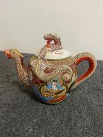 Japanese Dragonware Tea Set with Moriage Dragons and Satsuma-Style Figures valued at $150, green brolin califonia vase valued at $40, and a Macoy yellow birds of paradise vase valued at $75 - 10