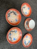 Japanese Dragonware Tea Set with Moriage Dragons and Satsuma-Style Figures valued at $150, green brolin califonia vase valued at $40, and a Macoy yellow birds of paradise vase valued at $75 - 12