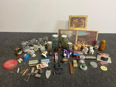 Eclectic Vintage Collectibles Lot: Figurines, Jars of Marbles, Tins, Art Prints, Russian Dolls