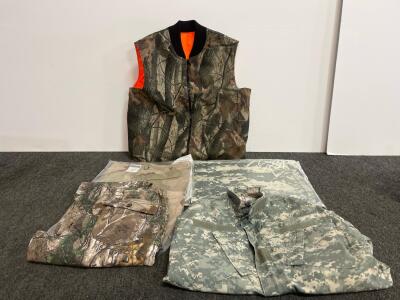 Realtree & Tactical Camo Clothing- Reversible Vest, Pants (32-34, L/R), ACU Shirt M, New Desert Gear