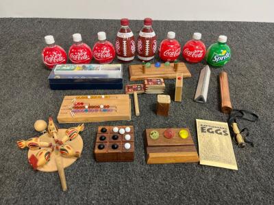 Vintage Wooden Puzzles and Novelty Desk Toys Collection &ndash; Tic-Tac-Toe, Joke Box, Rattlesnake Eggs