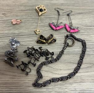 Vintage Costume Jewelry Lot: Butterfly, 12K Leaf earrings, Heart, Clip-On & Dangle Earrings, Bracelet, Brooches