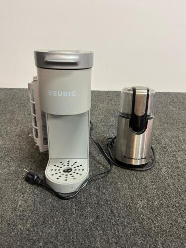 Keurig K-Slim Single-Serve Coffee Maker and KitchenAid BCG111 Blade Coffee Grinder (both turn on)