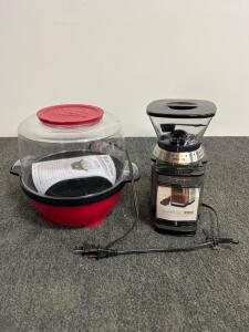 West Bend Stir Crazy Popcorn Maker & Cuisinart Supreme Grind Automatic Burr Coffee Mill, both turn on
