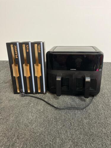 Chefman Dual Basket 8-Qt Air Fryer turns on, Black, Plus 3-Slot Kitchen Wrap Organizer Set