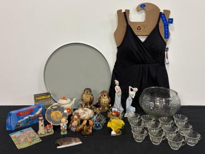 Estate Collectibles Lot: Glass Punch Bowl Set, Figurines, Mirror, Toys, Decor, 25+ Items